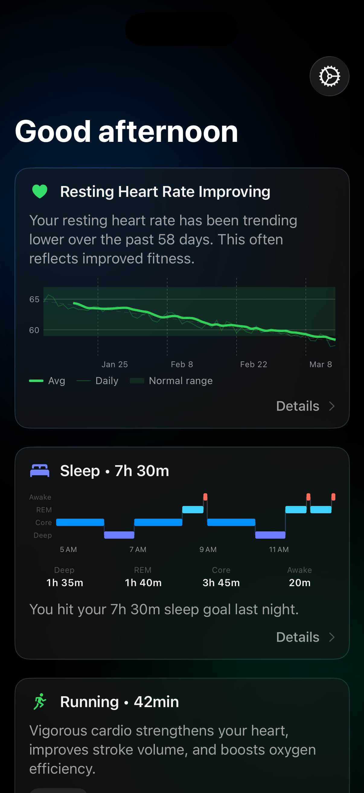 Pace dashboard showing resting heart rate improving, sleep summary, and workout insights